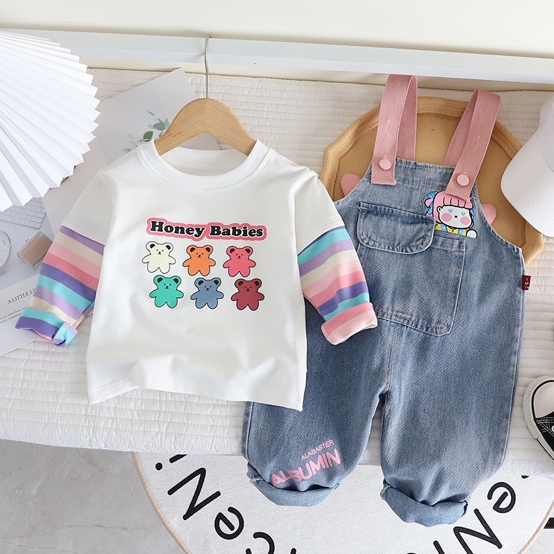 2026 Primavera Outono Bebê Meninas Kawaii Impresso Manga Comprida Top + Macacão Jeans 2 Peças Roupas De Criança