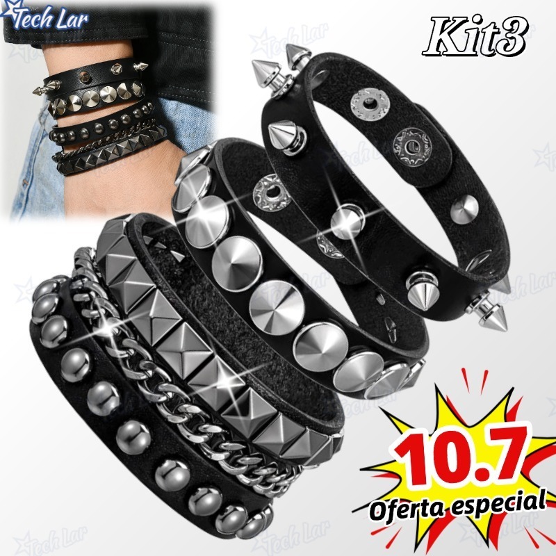 Pulseiras Y2K Cyberpunk - Conjunto de Pulseiras de Couro com Studs e Espinhos, Estilo Alternativo e Moderno-TL