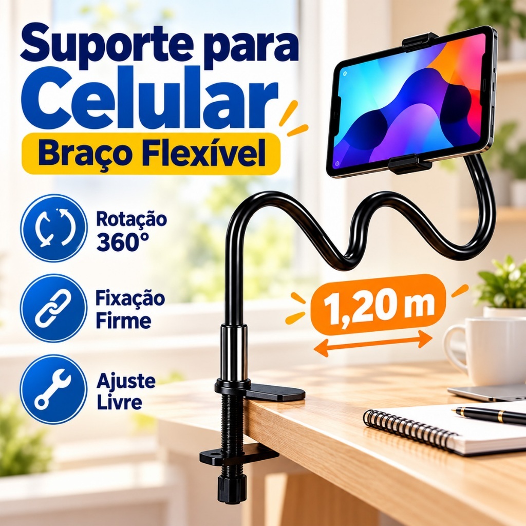 Suporte Celular Tablet com Grampo de Mesa Braço Flexível 120cm Pescoço de Ganso 360° Ajustável