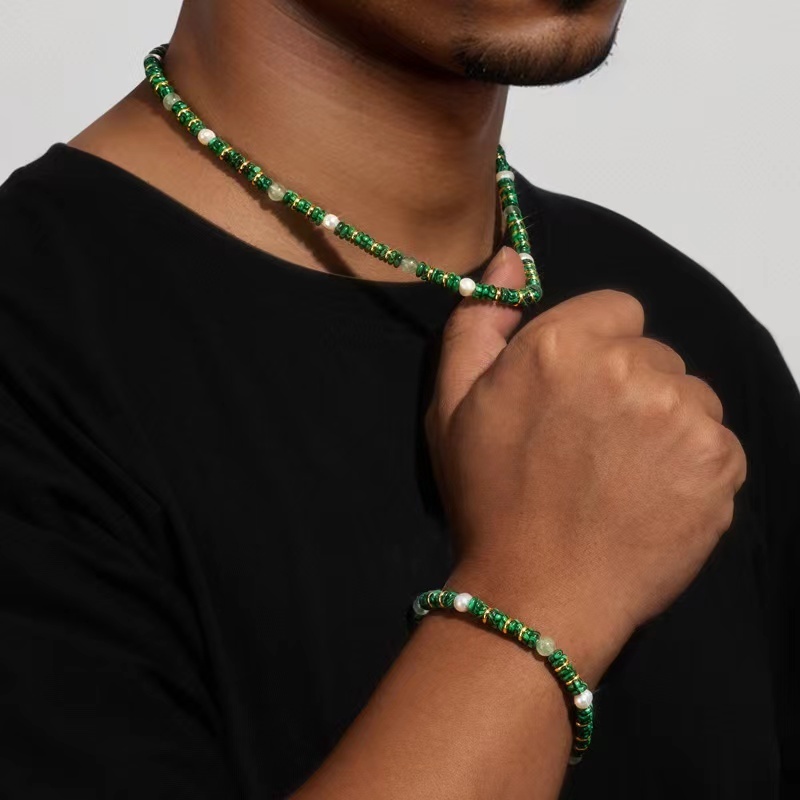 Colar de pérola de água doce malaquita verde pérola luz luxo requintado frisado pulseira colar de pedra Natural com corr
