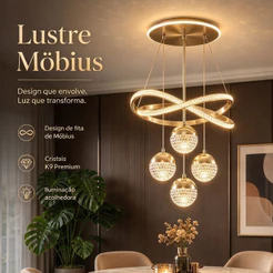 Lustre Pendente Infinito LED com Cristais 3 Cores em 1 Luz Bivolt para Sala de Jantar Estar e Quarto
