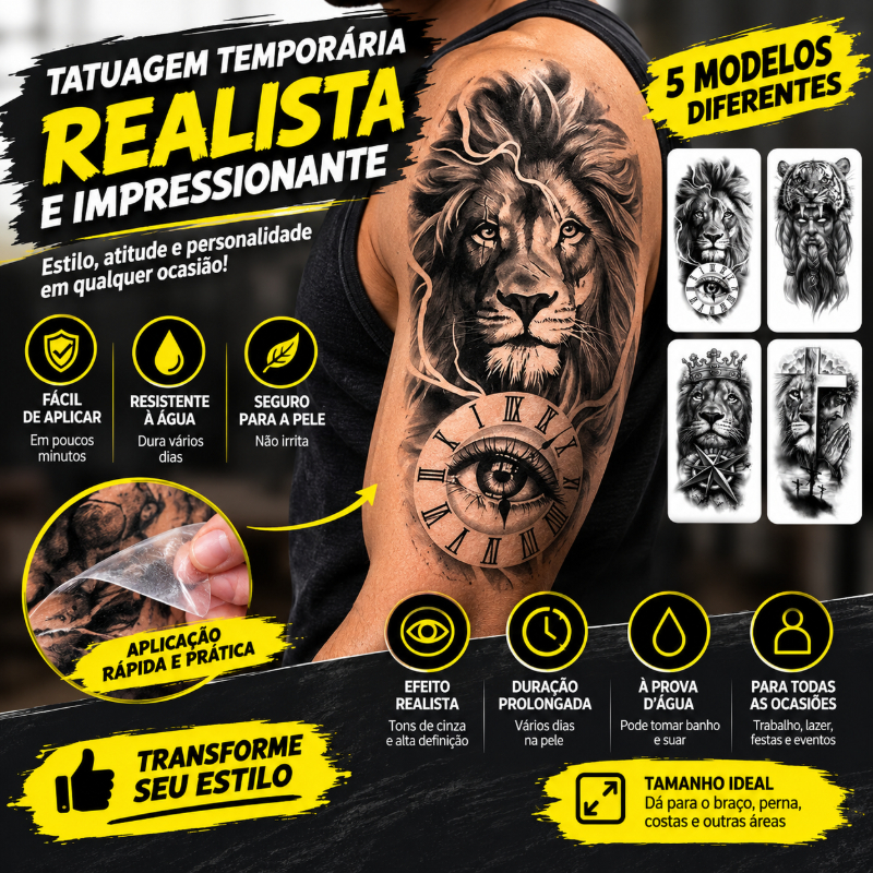 Tatuagem Temporária Masculina Realista Leão Jesus Cristo Cruz 3D Para Braço