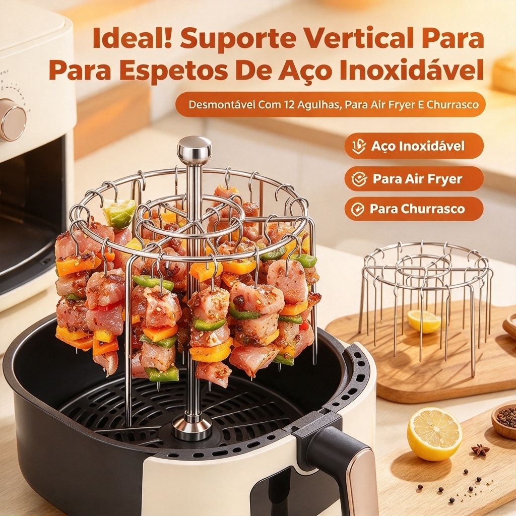 Ideal! Suporte Vertical Para Espetos De Aço Inoxidável, Desmontável Com 12 Agulhas, Para Air Fryer E Churrasco