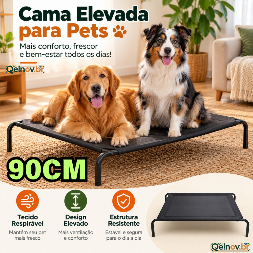 Cama Suspensa Elevada Pet 90x60x15cm para Cachorro e Gato, Refrescante Ventilada, Fácil de Lavar, Estrutura Resistente
