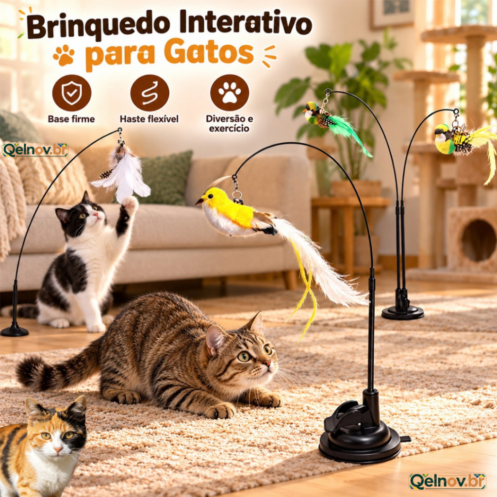 Varinha para Gato com Ventosa, Pássaro Bionico e Penas, Brinquedo Autoentretenimento Felino