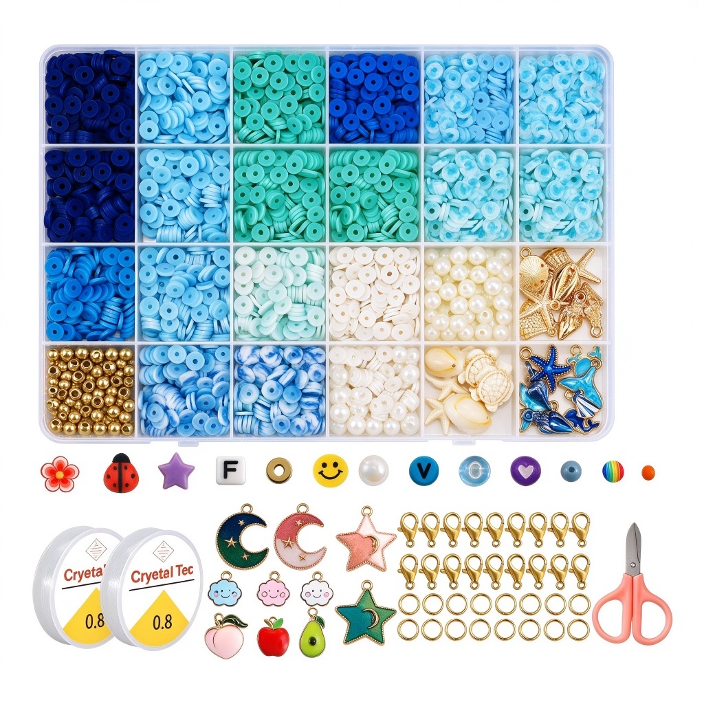 6500 peças Kit Miçangas Infantil Brinquedo para Pulseira Colar colorido + Silicone e Tesoura