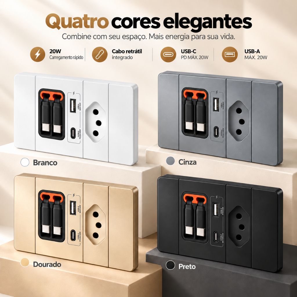 Painel de Tomada Bivolt 110V-250V com Cabo Retrátil, PD 20W USB-A Tipo-C Compatível Padrão Brasileiro
