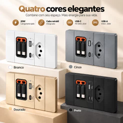 Painel de Tomada Bivolt 110V-250V com Cabo Retrátil, PD 20W USB-A Tipo-C Compatível Padrão Brasileiro