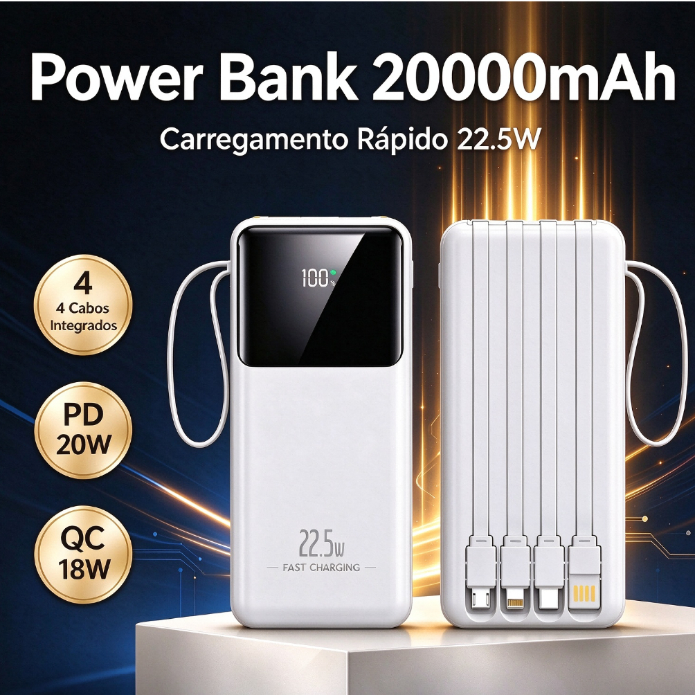 Banco de Potência Power Bank Portátil 20000mAh Display Digital Carregamento Super Rápido 22.5W 4 Cabos Integrados