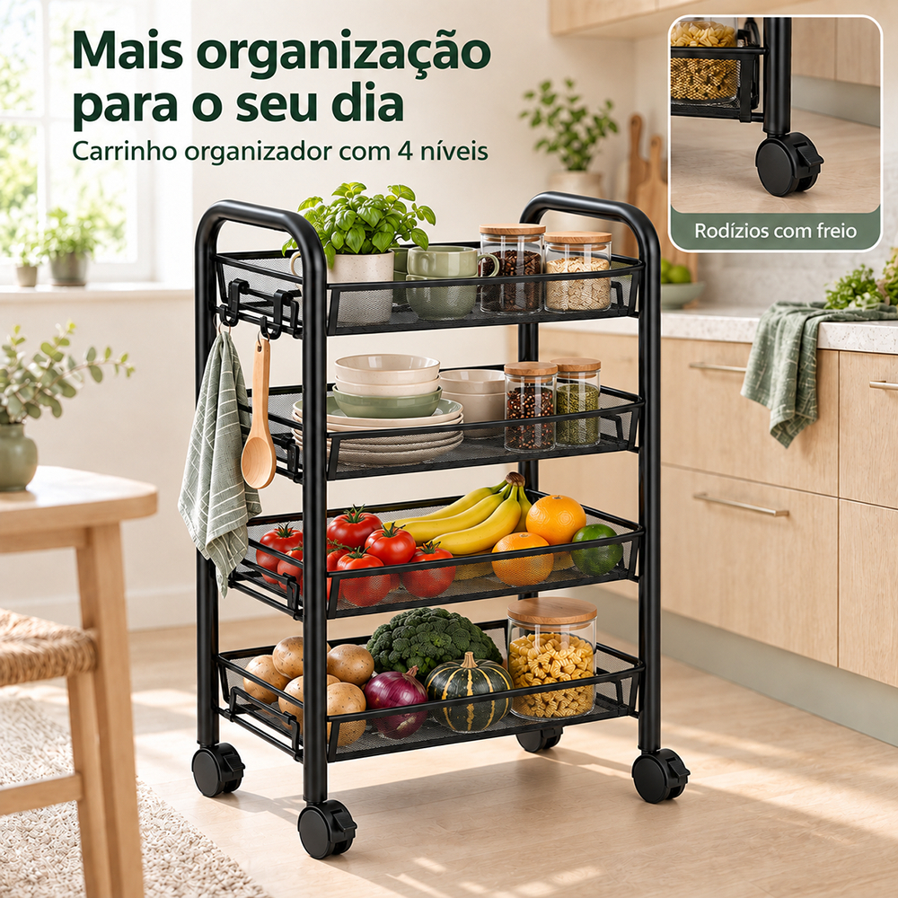 Carrinho Inox 4 Andares Organizador Multiuso Aramado com Rodinhas para Cozinha, Banheiro e Cosméticos