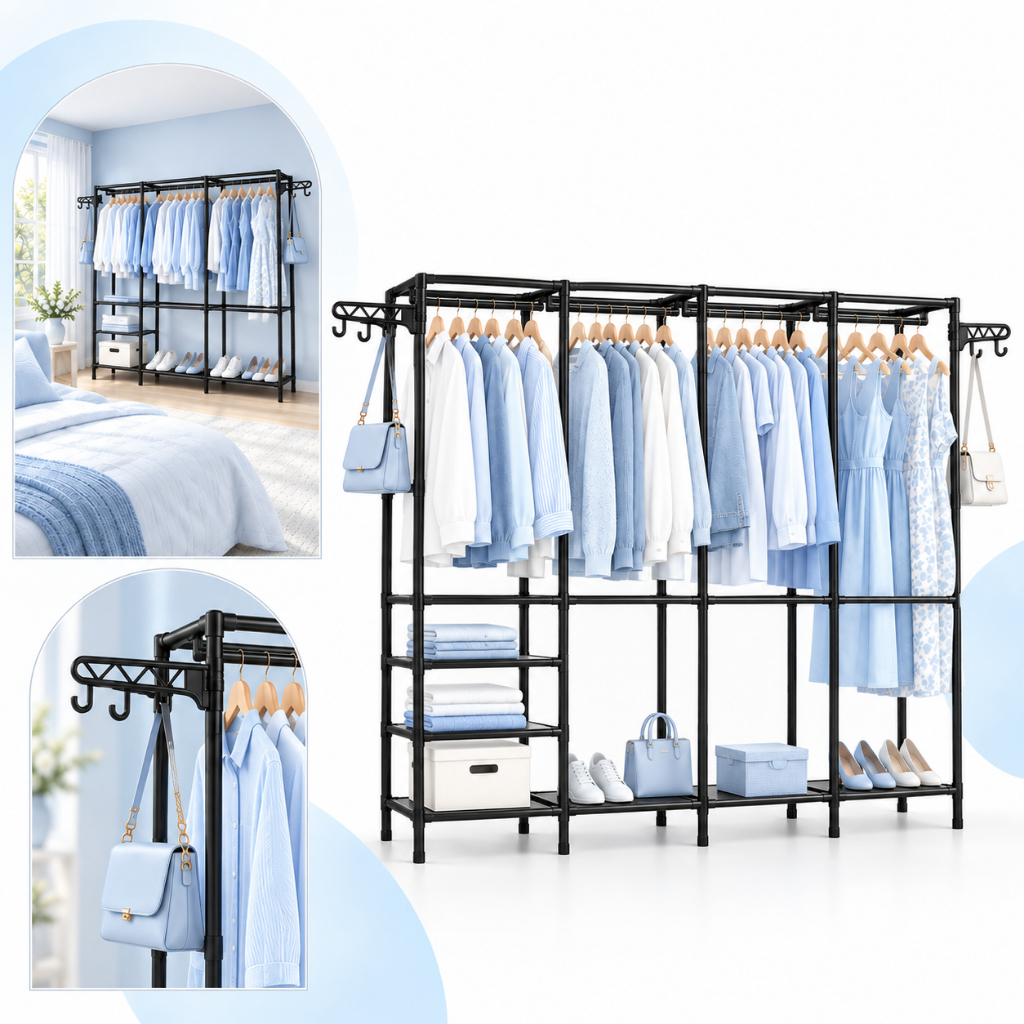Guarda Roupa Arara Organizador 4 Módulos Cabideiro Closet Portátil Desmontável Aço Reforçado Sapateira Prateleiras