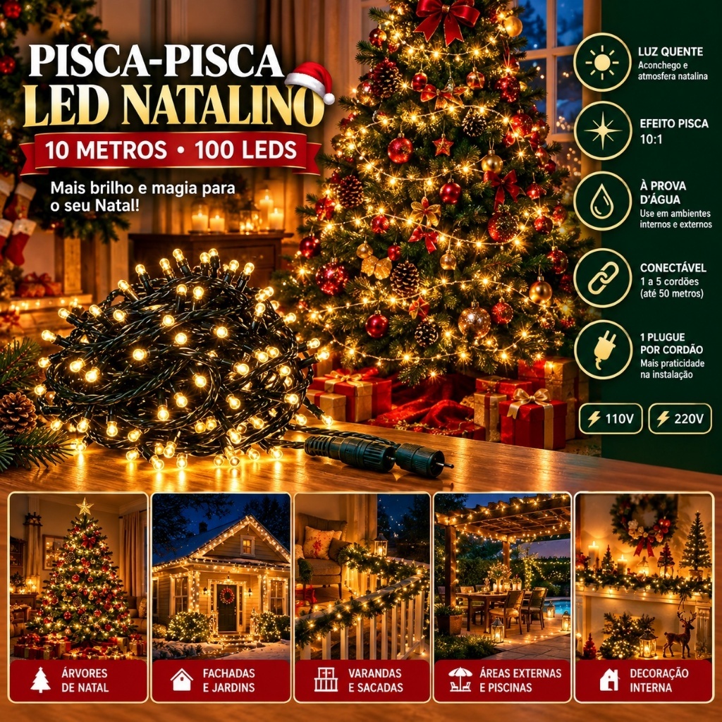 Pisca Pisca LED Natal 10M 100 LEDs Luz Quente Fio Verde À Prova D'água Bivolt 110V 220V