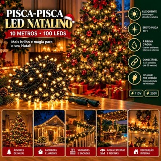 Pisca Pisca LED Natal 10M 100 LEDs Luz Quente Fio Verde À Prova D'água Bivolt 110V 220V