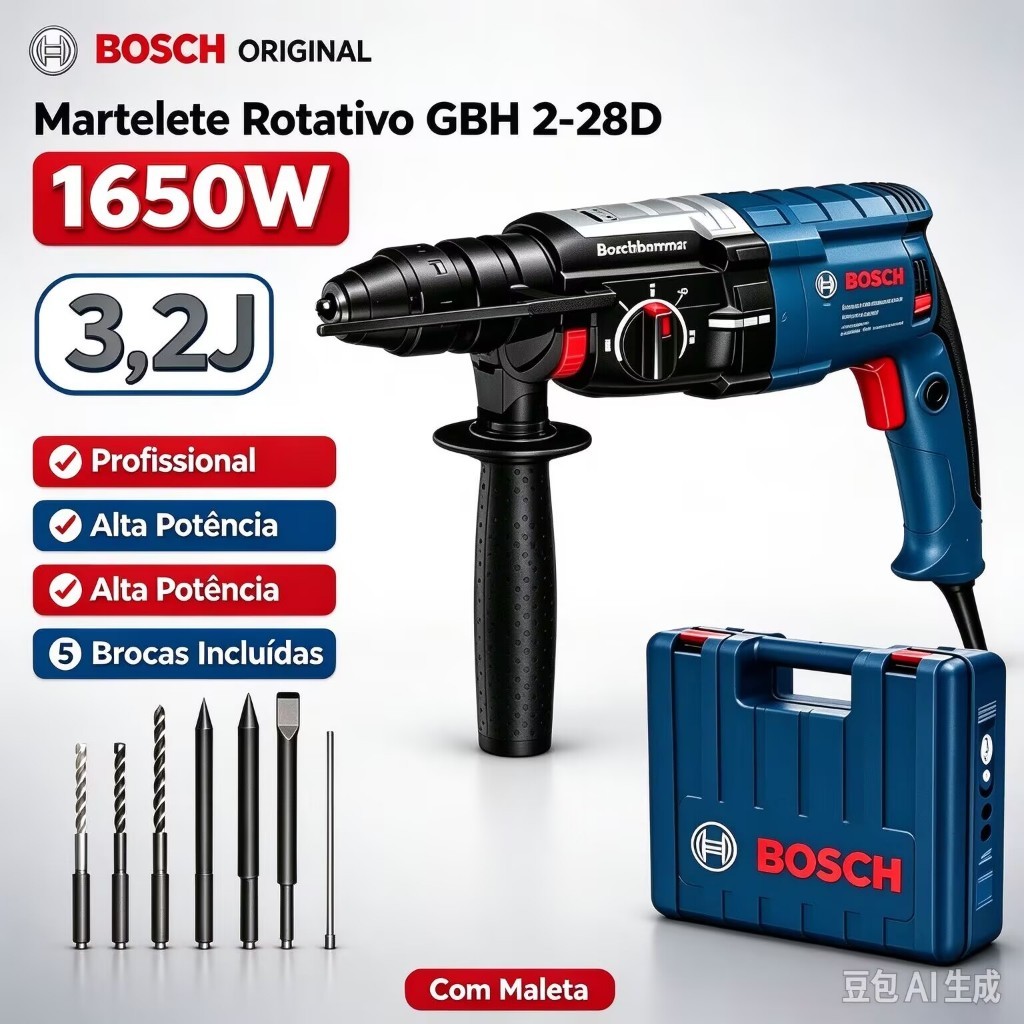 Martelete Rotativo Super forte Bosch Original GBH 2-28D 1650W 3,2J Profissional, com 5 brocas