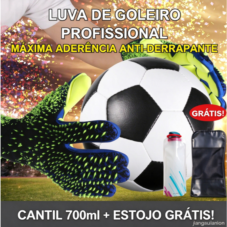 Luva de Goleiro Futebol Látex Anti-derrapante Proteção Dedos + Cantil e Estojo Grátis Tam 6-10