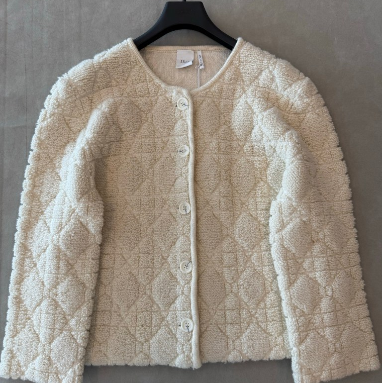 Off-White em torno do pescoço diamante Jacquard malha Cardigan único Breasted textura de pelúcia jaqueta curta feminina 
