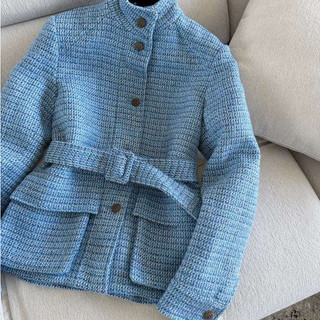 Azul gola alta Tweed jaqueta de cintura estreita cinto cintura grande bolso botões de Metal elegante jaqueta feminina