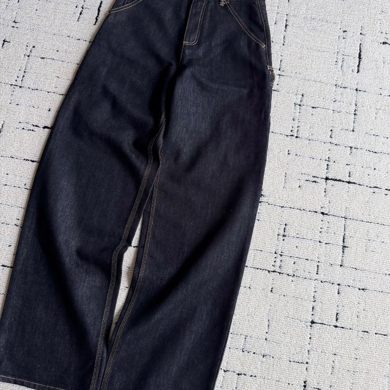 Retro cor primária calças jeans de perna larga feminina cintura alta contraste cor linha aberta bolso solto Drape calças