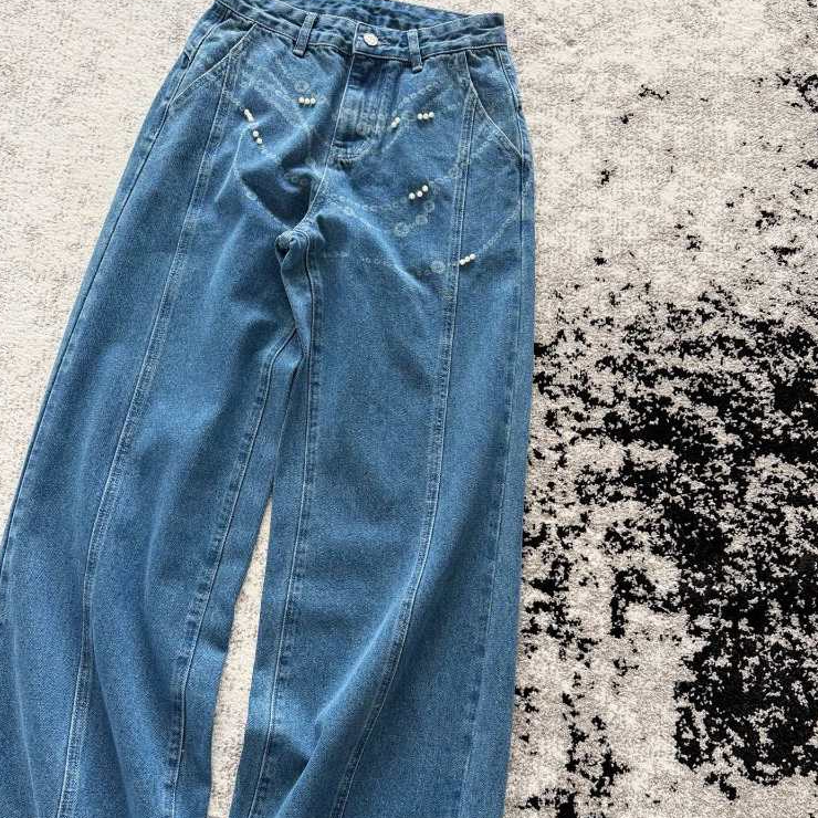 Azul claro de cintura alta calças de brim de perna larga feminino pérola decoração linha prensada divisão solta Drape ma