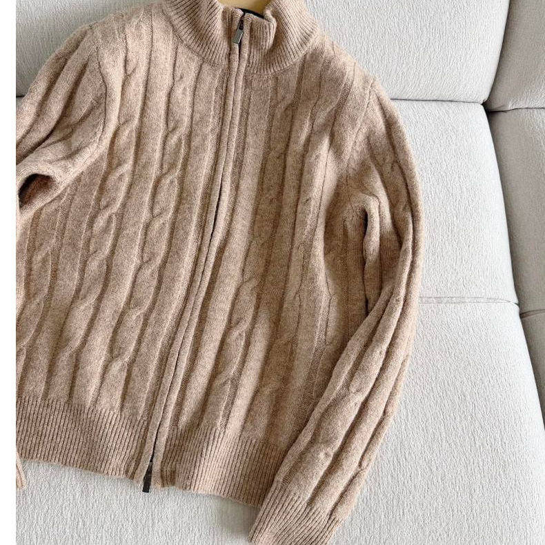 Cor de aveia meia gola alta zíper malha Cardigan torção textura solta manga comprida Casual