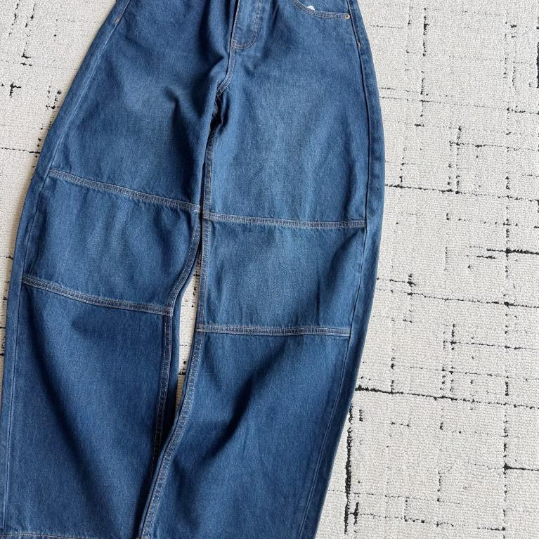 Azul escuro de cintura alta perna larga Jeans feminino segmentado linha aberta costura solta Machete calças tipo Casual 