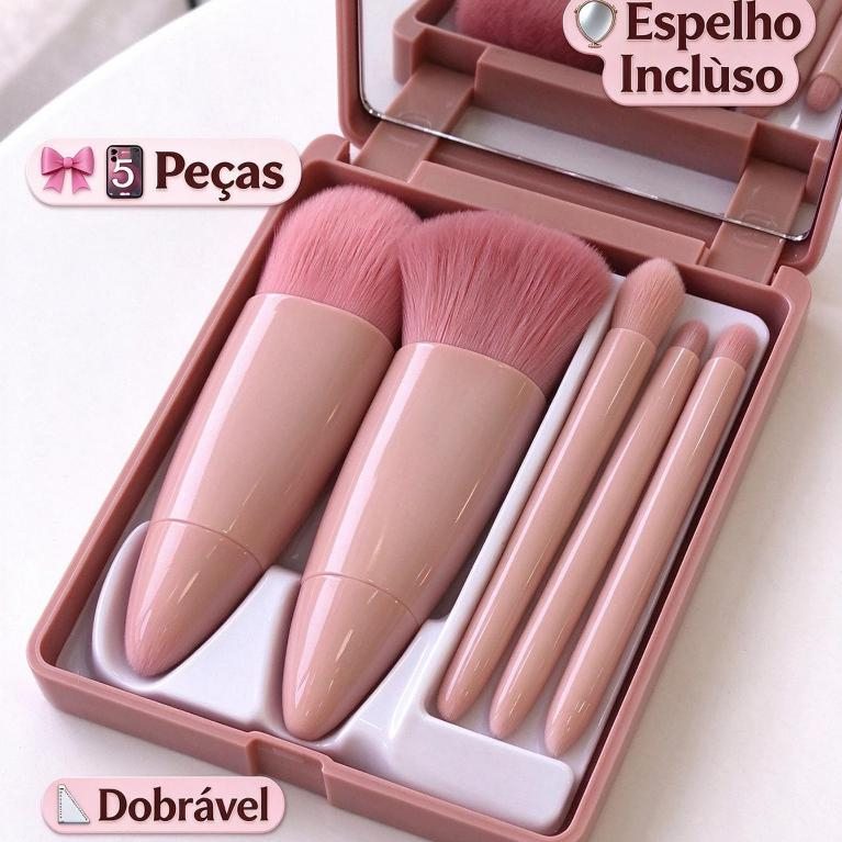 Kit de Pincéis de Maquiagem Portátil 5 Peças com Espelho e Estojo Dobrável para Viagem