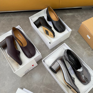 Retro único Split Toe sapatos femininos couro macio boca rasa salto grosso ferradura sapatos simples Commuter deslizamen
