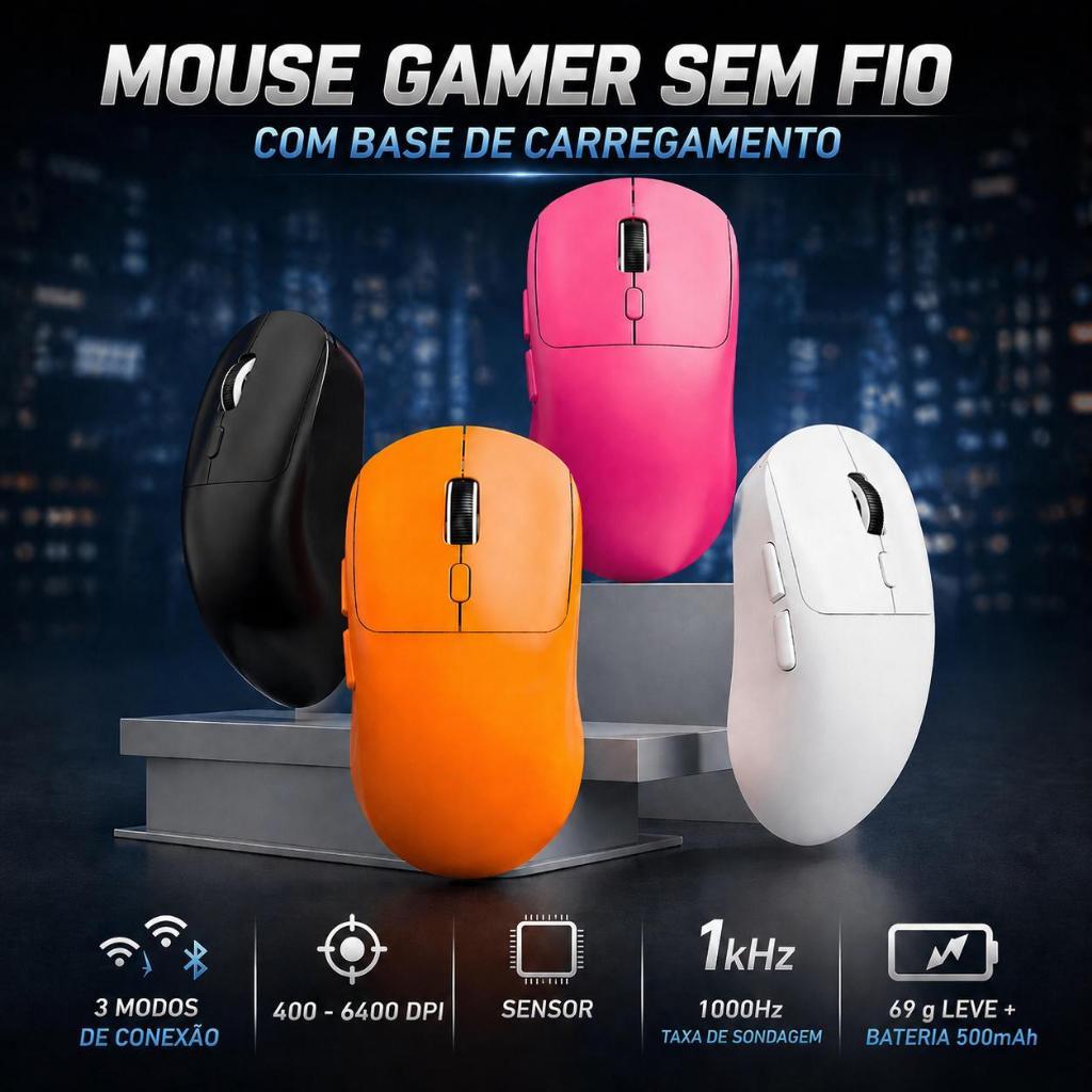 Mouse Sem Fio Uniwity 3 Modos PAW3311 6400 DPI 65g Ultraleve BT/2.4G/Com Fio Recarregável