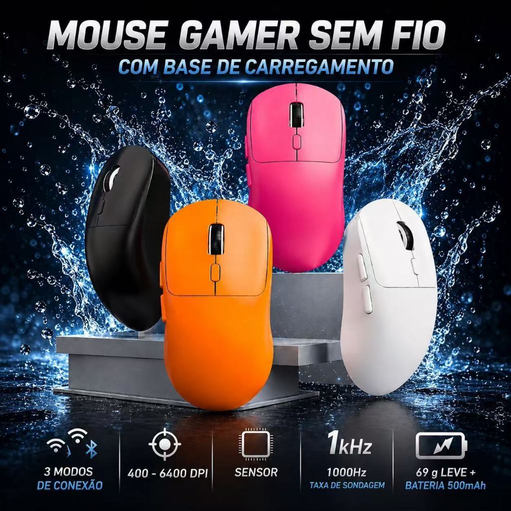 Uniwity Mouse Gamer Recarregável Tri-Mode Bluetooth 2.4G USB 6400 DPI sem Fio para PC Notebook 65g