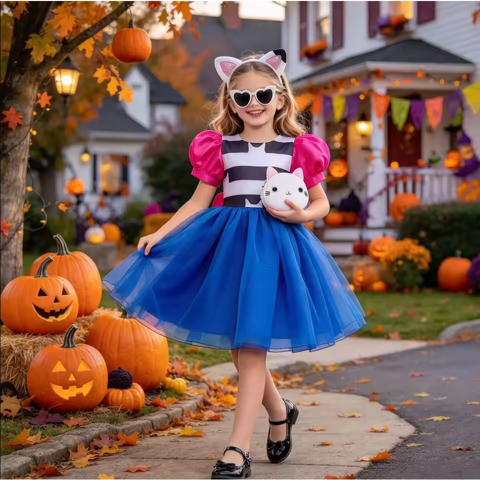Meninas Dos Desenhos Animados Gatos Vestido Listrado Com Headwear Para Crianças Halloween Carnaval Festa De Aniversário 