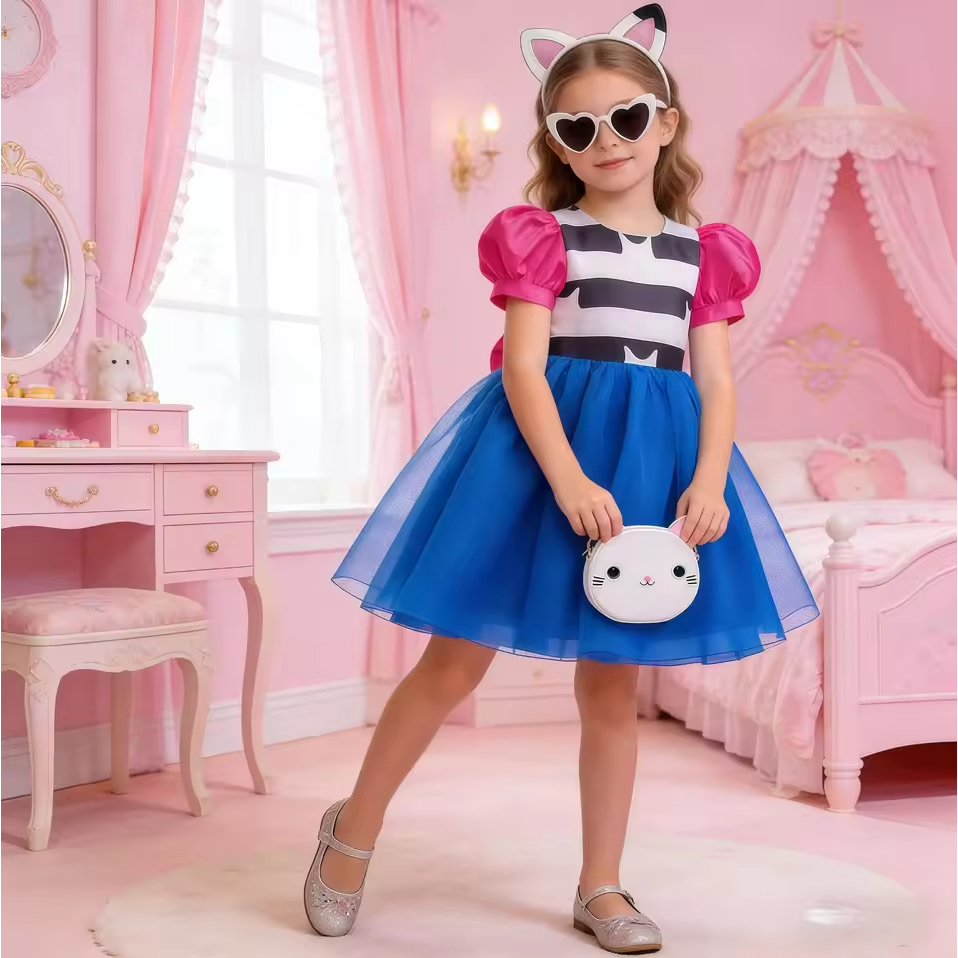 Gato Dos Desenhos Animados Meninas Listrado Lantejoulas Vestido De Princesa Com Headwear Para Crianças Festa De Aniversá