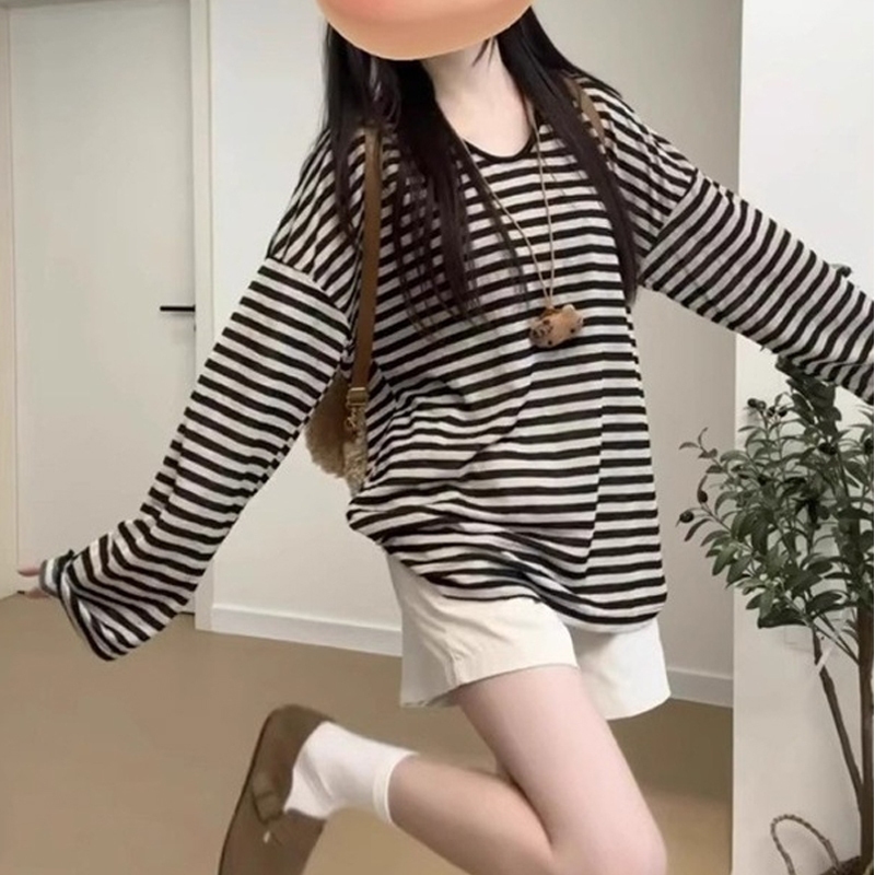 Camiseta Feminina De Verão Estilo Preguiçoso Listrada Manga Comprida Gola Redonda , Top Casual Solto Emagrecedor