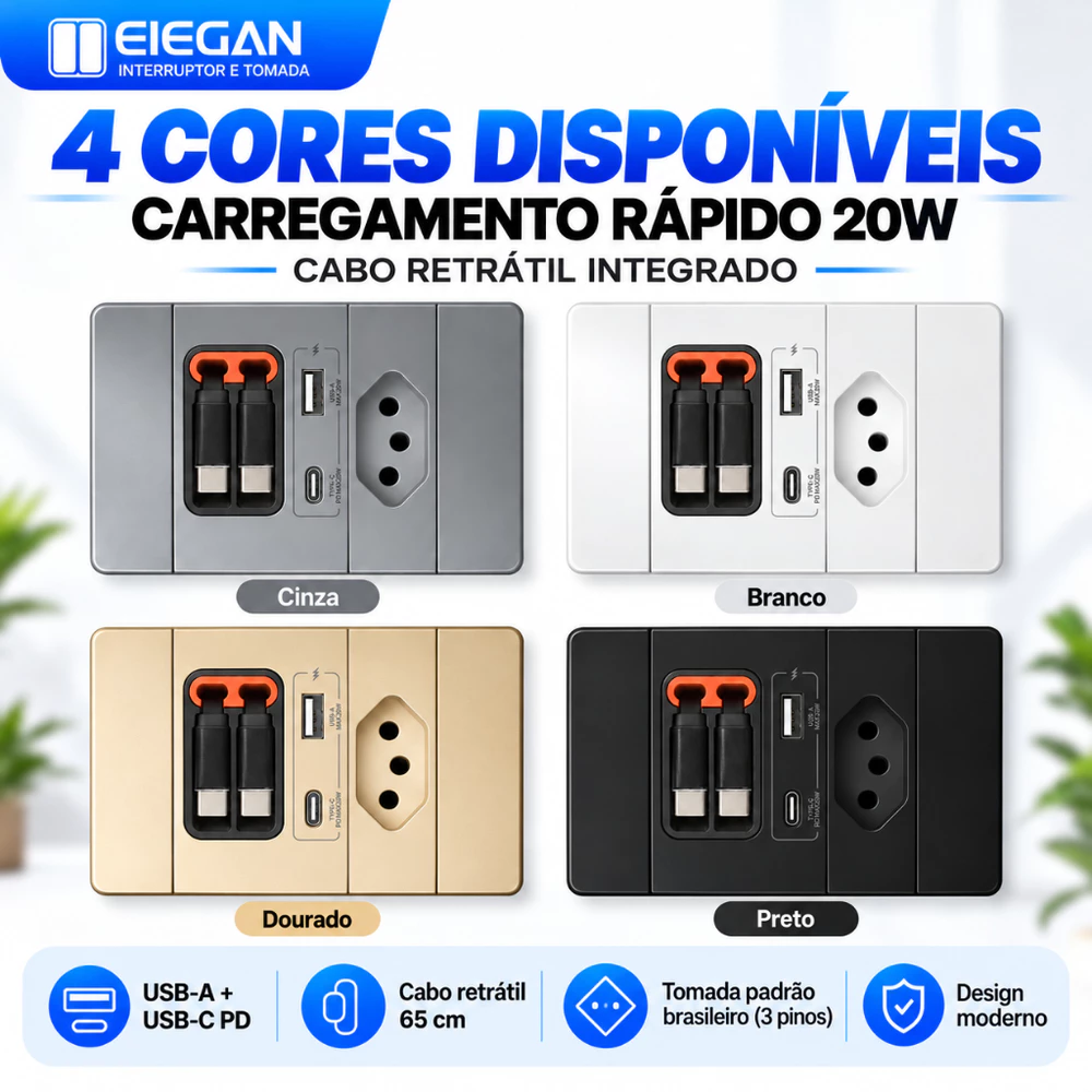 ELEGAN Painel de Tomada Bivolt 110V-250V Cabo Retrátil PD 20W USB‑A Tipo‑C Uso em Mesa Compatível com Tomada Brasileira