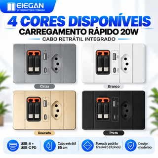 ELEGAN Painel de Tomada Bivolt 110V-250V Cabo Retrátil PD 20W USB‑A Tipo‑C Uso em Mesa Compatível com Tomada Brasileira