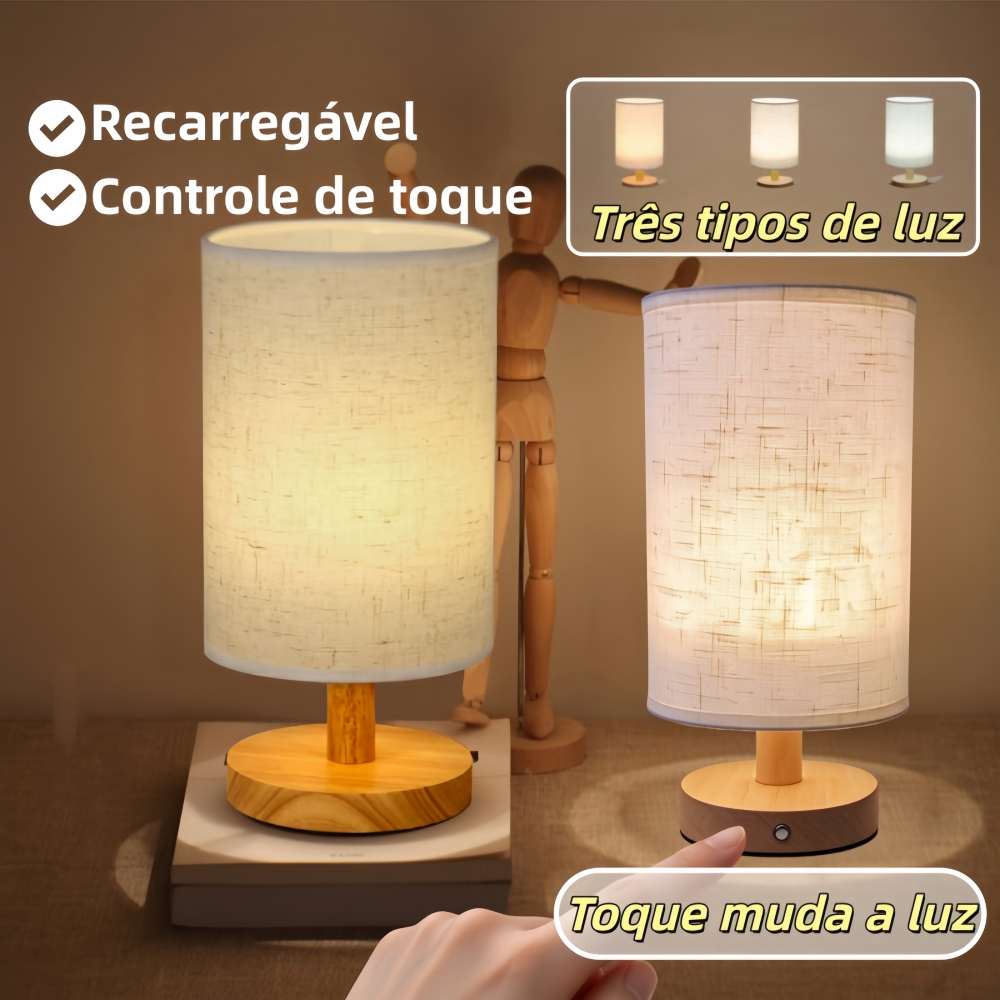 Abajur de Mesa Recarregável Luminária para Cabeceira de Cama Quarto Decoração Moderna, Controle por Toque com Três Cores