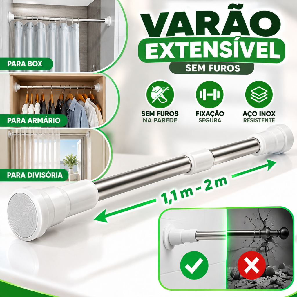 Varão extensível de aço inoxidável, várias opções de tamanho, para cortinas ou cortinas de banho