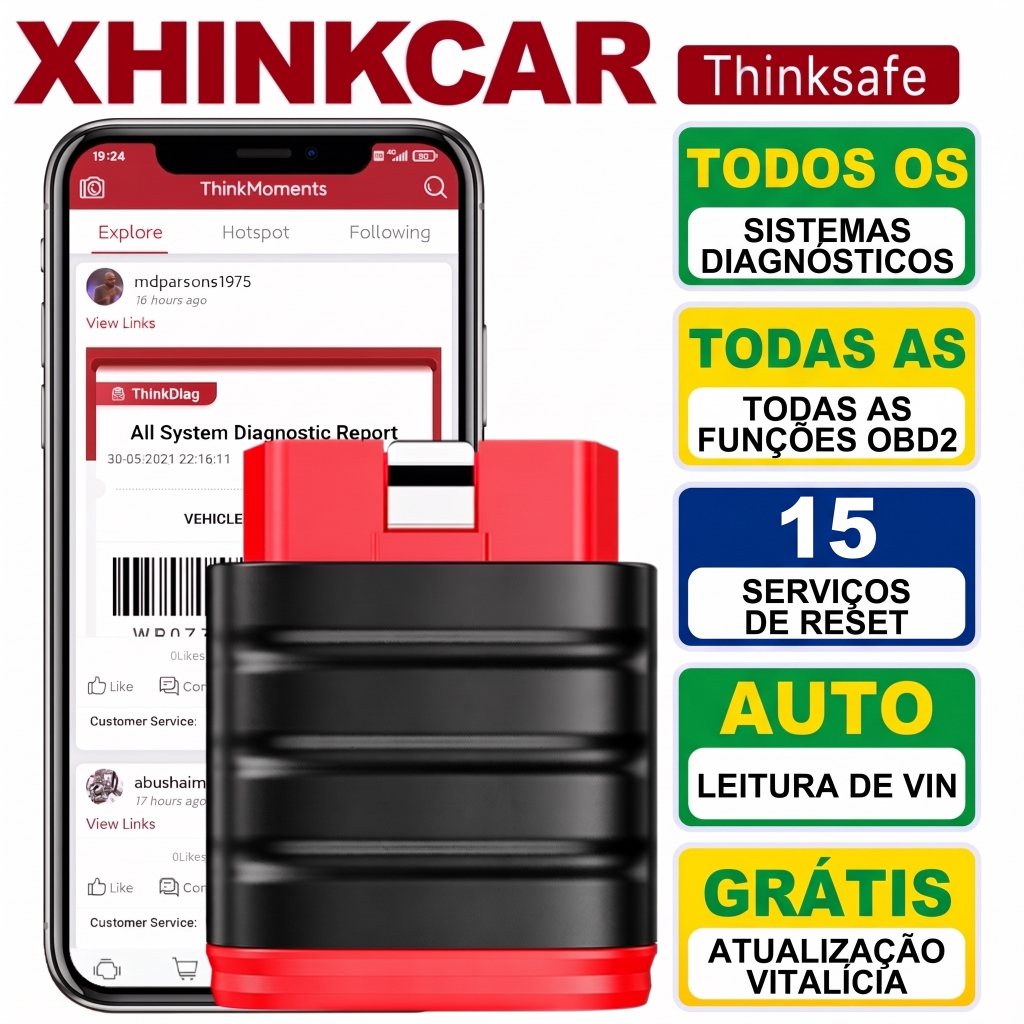 THINKCAR Thinksafe Scanner Automotivo OBD2 12V Bluetooth Todos os Sistemas 15 Funções Controle Bidirecional Envio SP
