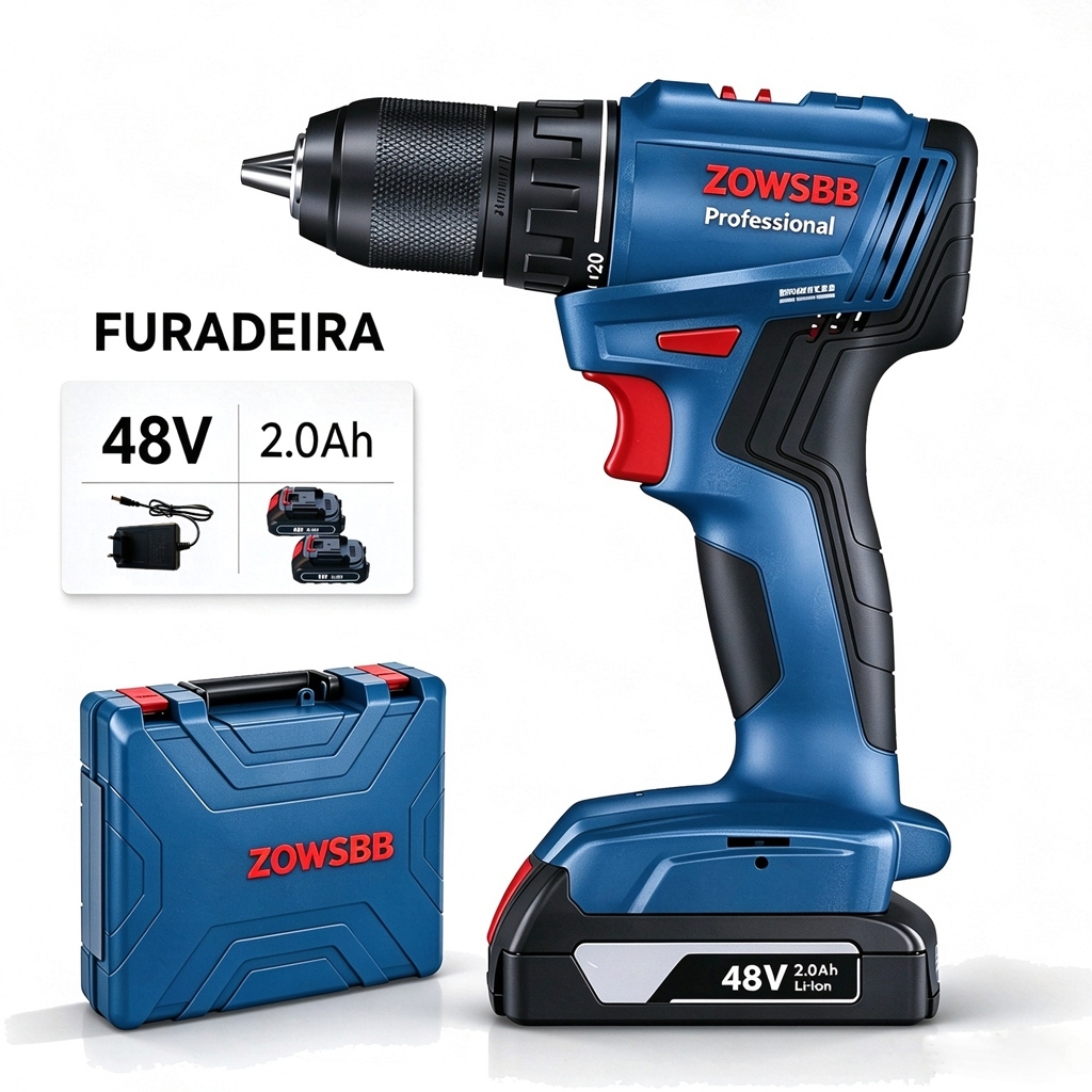 Parafusadeira Furadeira de Impacto 48V Bateria Profissional 54Nm  Kit Com Maleta e Acessórios