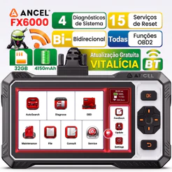 ANCEL FX6000 Scanner Automotivo OBD2 Tela 6,2" Diagnóstico 4 Sistemas 15 Resets Atualizações Grátis Vitalícias