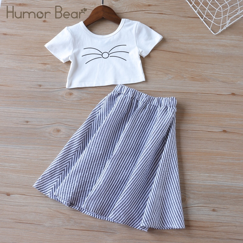 Conjuntos Para Meninas Casual Gato Preto Camiseta De Manga Curta + Saia Longa Listrada Conjunto Crianças Roupas