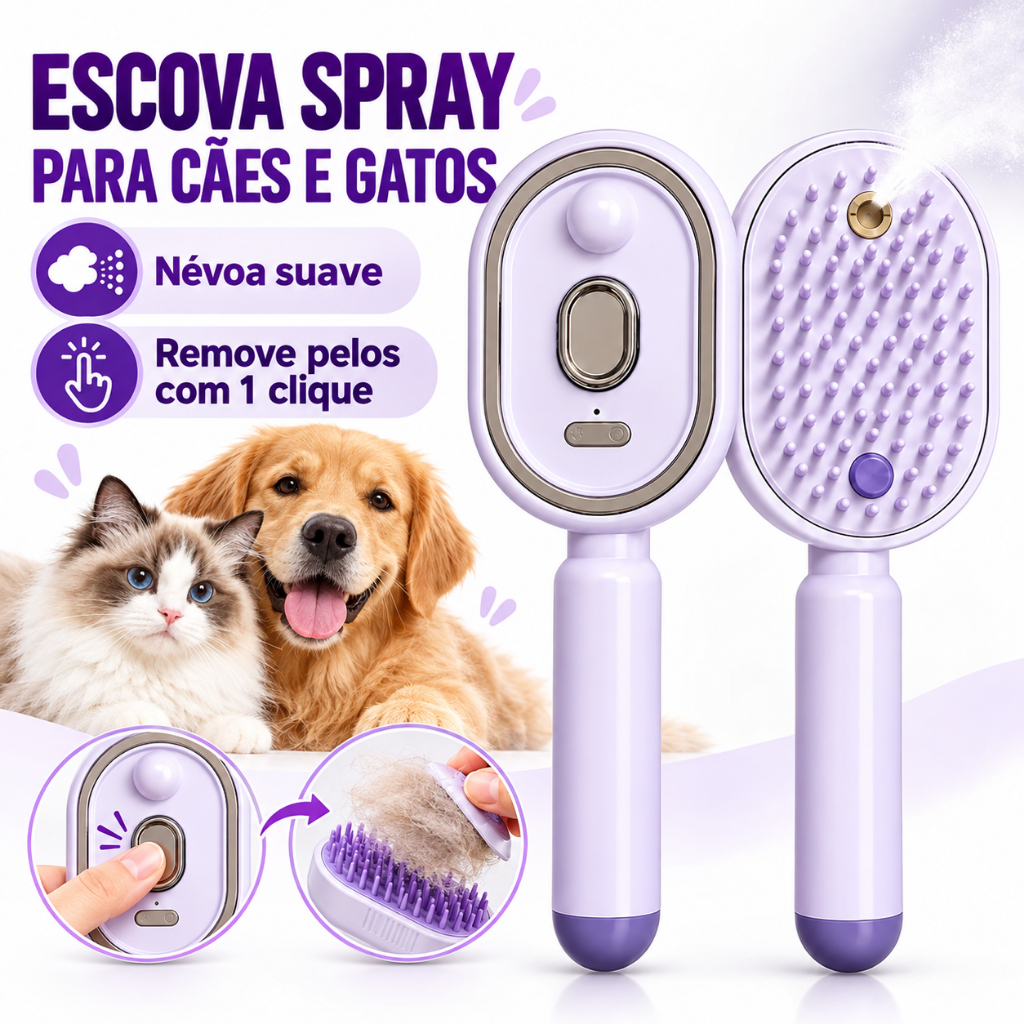 Escova Pet Elétrica 3 em 1 com Spray para Cães e Gatos Massageadora Tira Pelos Autolimpante USB-C