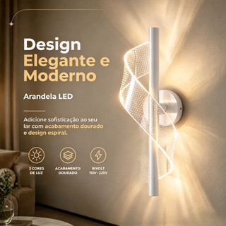 Arandela LED Espiral 3 Cores de Luz Bivolt 110V‑220V Decoração Elegante para Quarto Cabeceira Sala e Corredor
