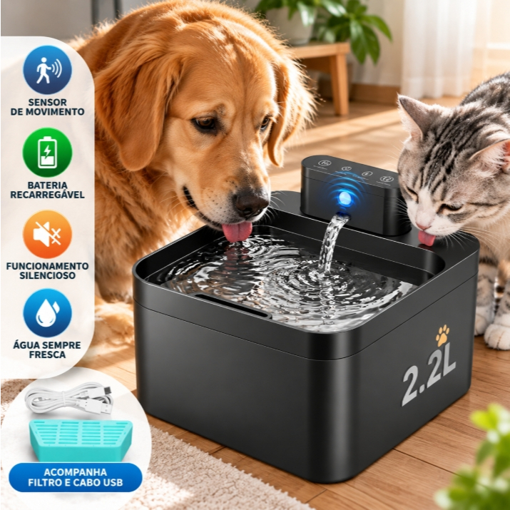 Fonte De Filtro Água Bebedouro para Gatos Sem Tomada Sensor 2,2L, 2600mah