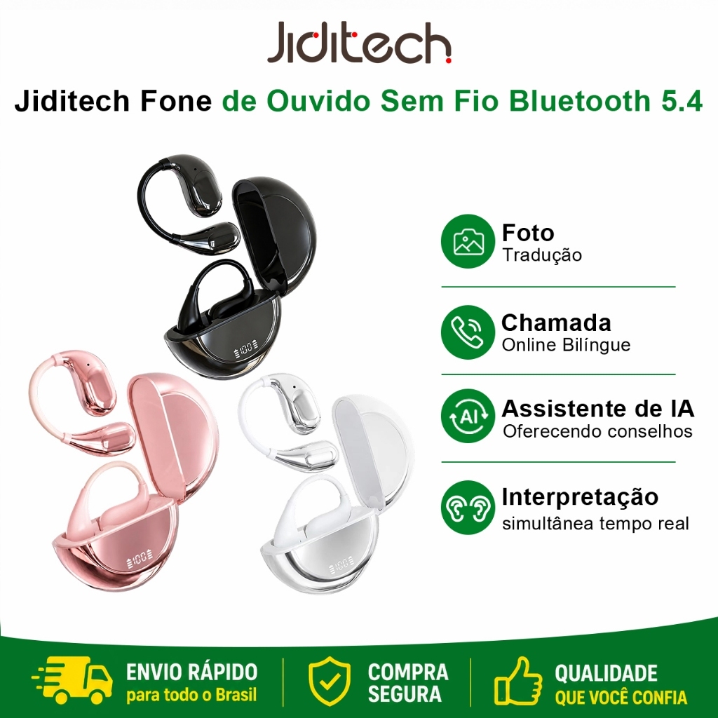 Jiditech Fone de Ouvido Sem Fio Bluetooth 5.4 Tradução em Tempo Real por IA Esportivo Cancelamento de Ruído Impermeável