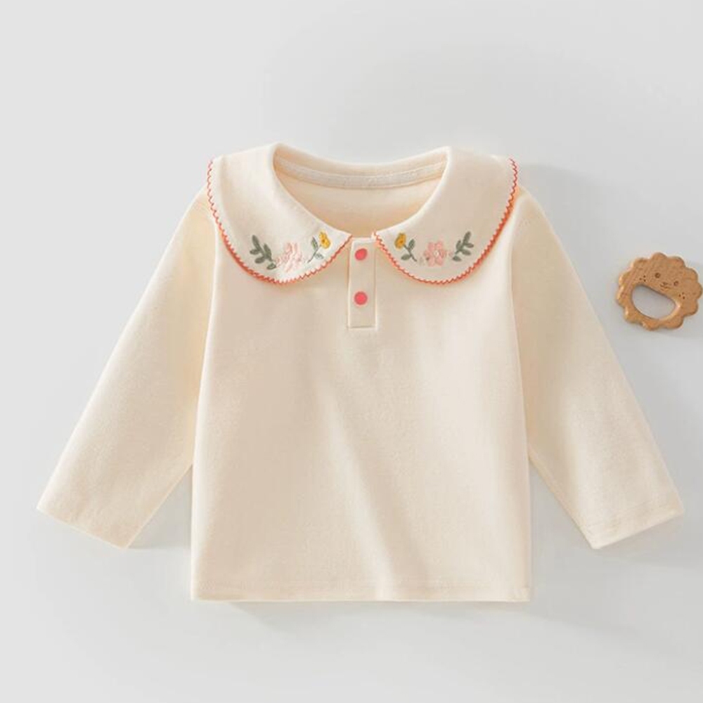 Bebê Menina Camiseta Manga Longa Cor Sólida Bordado Gola Primavera Outono Roupas Infantis Algodão Crianças Pequenas Topo