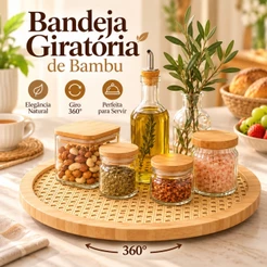 Bandeja Giratória de Bambu 30cm Redonda Estilo Japonês para Mesa