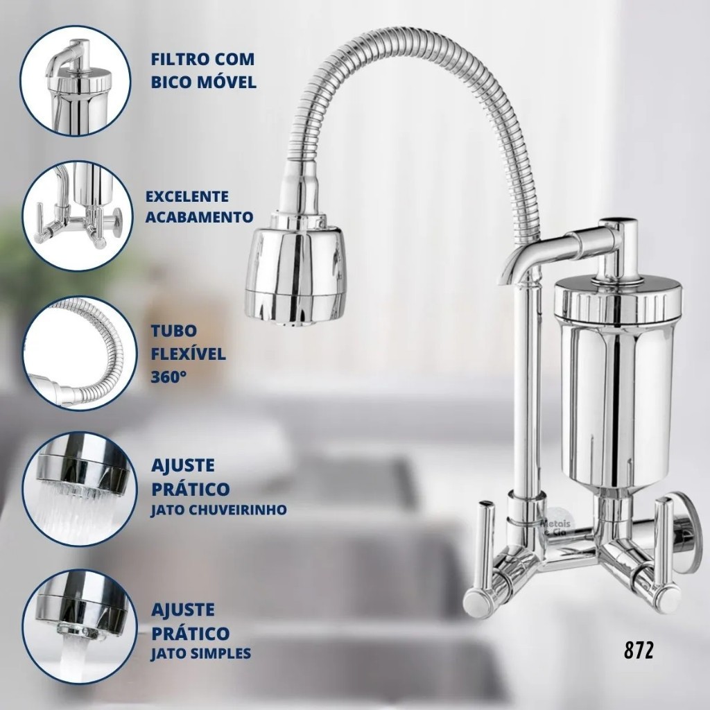 Torneira Gourmet Filtro de Parede Cozinha Flexível 2 Jato Duplo Cromada Luxo 1/4 — imagem 2 de 2