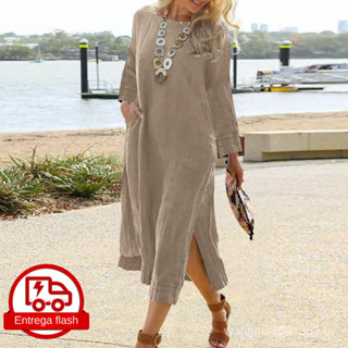 Vestido longo casual manga longa de cor lisa feminino com gola redonda