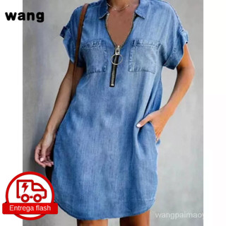 Vestido curto jeans solto com lapela de manga curta de cor sólida para mulheres
