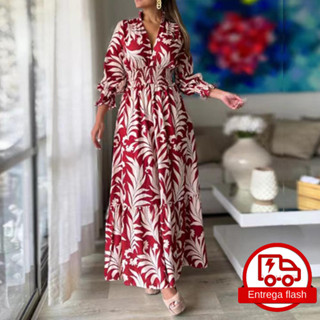 Vestido longo feminino boêmio manga longa com decote em V estampado
